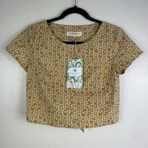 A Bin Metiseko Organic Cotton Yellow Leaf Print Top Size XS New w/ Tags Back Tie
